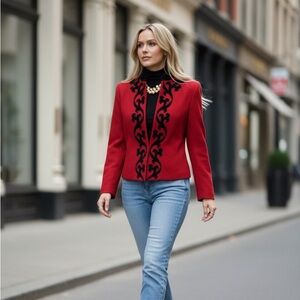 Vintage Chic Red and Black Women's Blazer Made in Hong Kong